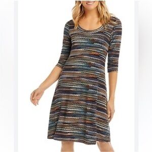 Karen Kane A-line 3/4 Sleeve Jersey Abstract Stripe Multicolor Scoop Dress, S